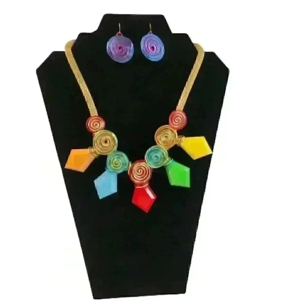 Handmade adjustable necklace and earring set in art wire Multicolor